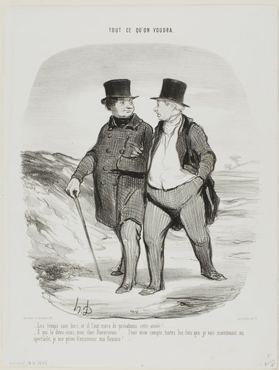 "- Nehéz idők járnak; ebben az évben meg kell tanulnunk szerényebbnek lenni... - Ne mondd, kedves Ducorneau...., ami engem illet, mostantól minden alkalommal, amikor színházba megyek, megtagadom magamtól a feleségem társaságát....", 2. tábla a Tout Ce Qu