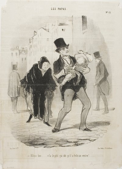"- Igen, rendben, de szegény fiúnak fáj a hasa", 13. tányér Les Papasból. alkotó: Honoré Victorin Daumier