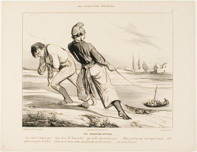 Nehéz navigáció. "- A hajó nem mozdul! Húzd Dumouchel, húzd...., mi az ördögért nem húzod! - De hát én már három órája semmi mást nem csinálok, csak ezt!.... és ezt hívják kirándulásnak! Inkább eladnám a szilvámat a rue de la Verrer-en! alkotó: Honoré Victorin Daumier