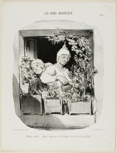 Mintaházasság: Harminc éven át ápolták az erényt és a szegfűt, hatodik lemez a Les Bons Bourgeois-ból. alkotó: Honoré Victorin Daumier
