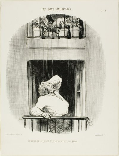 A szomszéd panaszkodik a pázsit öntözése miatt, tizedik tányér a Les Bons Bourgeois-ból alkotó: Honoré Victorin Daumier