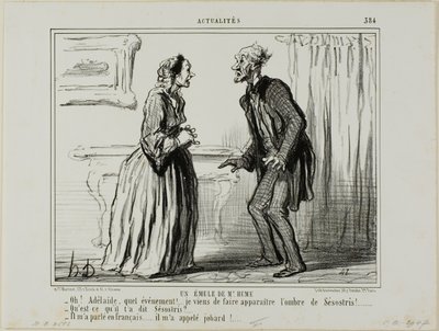 Hume úr riválisa. "- Ó Adelaide, micsoda élmény.... Épp most jelent meg előttem Sesostris árnyéka! - És mit mondott neked Sesostris - Franciául beszélt hozzám... és bögrének nevezett!" 384. tábla az Actualitésből. alkotó: Honoré Victorin Daumier