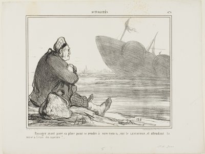 Egy utas, aki kifizette a jegyét NEW YORK-ba a LEVIATHAN-ra, és várja, hogy a hajó végre vízre szálljon, 479. tábla az Actualités-ból. alkotó: Honoré Victorin Daumier