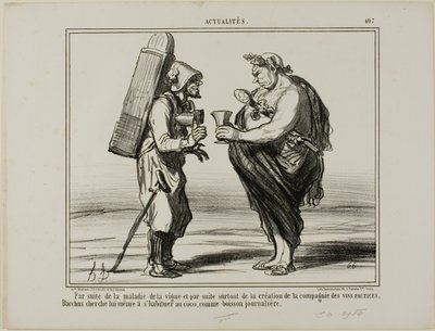 A borbetegség következményeként, de a "Mesterséges Borok Termelésének Társasága" megalapítása miatt még Bacchus is úgy dönt, hogy napi italként kókuszvízre vált, 407-es tányér az Actualitésből. alkotó: Honoré Victorin Daumier