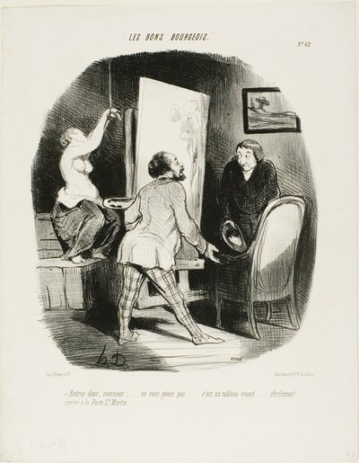 "Jöjjön be, Monsieur, ne szégyenlősködjön. Ez egy olyan élő kép...., mint amilyet a Porte St. Martinban láthat", 62. tányér a Les Bons Bourgeois-ból. alkotó: Honoré Victorin Daumier
