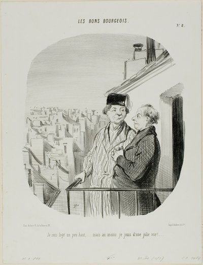 "Kicsit magasan élek... de legalább gyönyörű kilátásban gyönyörködöm", 8. tányér a Les Bons Bourgeois-ból. alkotó: Honoré Victorin Daumier