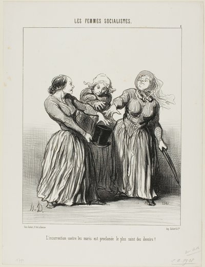 A férjek elleni lázadást az élet első és legszentebb kötelességének hirdetik!, 1. tábla a Les Femmes Socialistes-ból. alkotó: Honoré Victorin Daumier