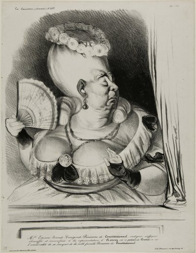 Miss Etienne-Mona-Lisa-Cunégonde-Silly Goose of the Constitutionnel, felháborodva, fuldokolva és túlságosan dühös Antonius előadásán, amelyben a pajkos Dumas-nak az volt a szemtelensége, hogy a nemes családot, Silly Goose of the Constitutionnel..., pl. alkotó: Honoré Victorin Daumier