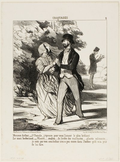 Monsieur Arthur: "- Ó, Pamela! Égek a szerelemtől!" A férj gyógynövényes: "- Egy mályva... a Malvaceae családból... egy nyugtató... Nem hiszem, hogy Arthur barátomnak megvan ez a példány a herbáriumában, amit tőlem kért, hogy készítsek neki." 2. tányér f. alkotó: Honoré Victorin Daumier