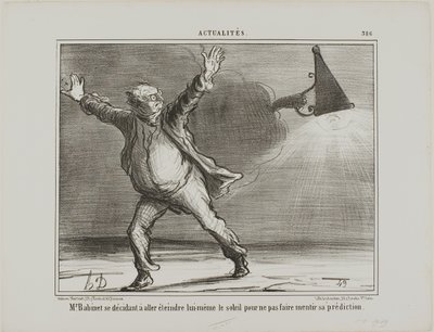 Monsieur Babinet úgy dönt, hogy személyesen kapcsolja le a Napot, hogy jóslatai beteljesüljenek, 386. lap az Actualitésből alkotó: Honoré Victorin Daumier