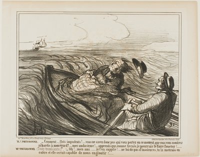 Prudhomme úr: "- Ellenszenves hullámok.... nem tudod, kit hordasz magaddal ebben a pillanatban... óh szemtelen... tudd meg, hogy én, mint Xerxész, rettenetesen meg foglak ostorozni.". Mme Prudhomme: (reszketve a félelemtől) "- Kérlek, kedves barátom, ne bá alkotó: Honoré Victorin Daumier