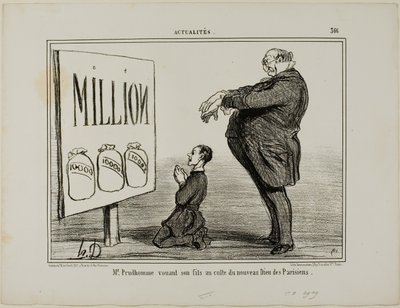 Prudhomme úr, amint fiát a párizsiak új Istenének szenteli, 366. tábla az Actualités-ból alkotó: Honoré Victorin Daumier