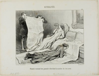 Az előfizetők próbálnak megbirkózni a papírjukkal, 115. lap az Actualitésből alkotó: Honoré Victorin Daumier