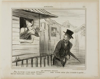 Az új tömbházak. "- Nem kell többé bérleti díjat fizetni, Monsieur Vautour... és nem félünk többé a házmestertől..... a faházainkban, mindannyian svájciak vagyunk." 332. tábla az Actualitésből. alkotó: Honoré Victorin Daumier
