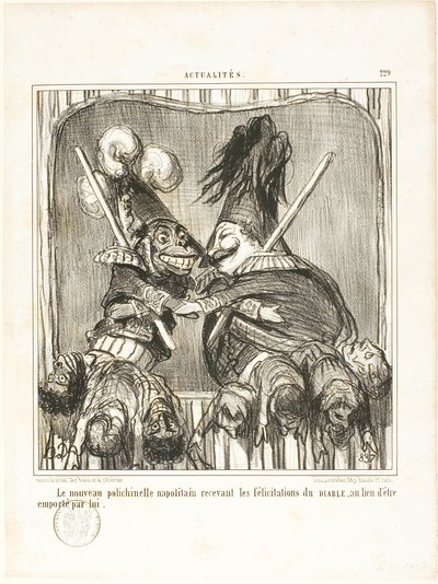 Az új nápolyi bohóc. A DEVIL gratulációját fogadva, ahelyett, hogy elragadta volna, 229. tábla az Actualitésből alkotó: Honoré Victorin Daumier