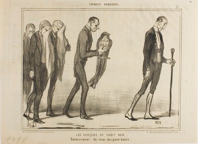 A fekete öltönyös pincér. A borravalódoboz temetése, 2. tányér a Croquis Parisiens-ból alkotó: Honoré Victorin Daumier