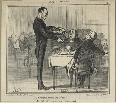 "Szeretne Monsieur egy kis crêpes-t... - Biztosan temetkezési vállalkozó volt", ötödik tányér a Croquis Parisiens (Párizsi vázlatok) című kötetből. alkotó: Honoré Victorin Daumier