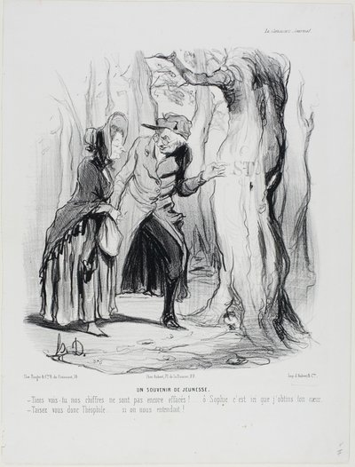 Ifjúkori emlékek. "- Látod, a leveleinket még nem törölték ki... ó, Szofi, itt nyertem el a szívedet. - Fogd be a szádat, Théophile...., ha valaki meghallana minket!", 49. tábla a Házaséletből. alkotó: Honoré Victorin Daumier