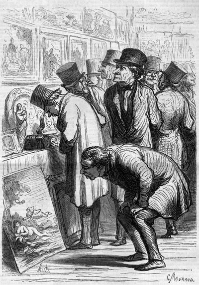 A Hotel Drouot szobája, kiállítási nap. Honore Daumier (1808-1879) rajzfilmje. Metszet a „” Le Monde Illustré”” 265. számában, 1862. május 10. alkotó: Honoré Daumier