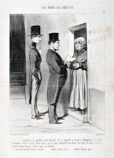 Honore Daumier (1808-1879) alkotásai. Charivari 1845-ből származik: Serie LES PEANS DE JUSTICE "" -... és az ajtóban így kijelentett beszéd azt jelentette számára, hogy engedelmeskednie kell az említett összegzésnek, ellenkező esetben és ennek elmulasztása alkotó: Honoré Daumier