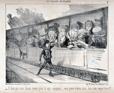 Honore Daumier (1808-1879) alkotásai. A Charivari 1852-ből származik: Serie LES TRAINS DE PLEASURE - Hét utasnak kell helyet biztosítania... túl kényelmesen érzi magát a fülkéjében! SZÉPMŰVÉSZETI MÚZEUM - LONGCHAMP PALOTÁJA, MARSEILLE alkotó: Honoré Daumier