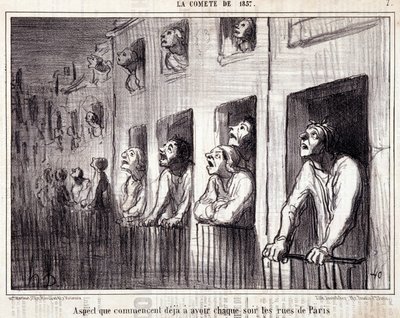 Rajzfilm a tudományról. Serie Sur „” la Comete de 1857””: „” Olyan szempont, amely már minden este Párizs utcáin jár””. Honore DAUMIER (1808-1879) metszete. Kivonat a „Le Charivari” újságból”. Mérete 38x25 cm. Inv D – 7. doboz Marseille, alkotó: Honoré Daumier