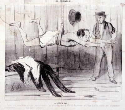 Karikatúra a nyaraló turistákról. "Les Baigneurs" sorozat: "La lecon a dry". "Les Baigneurs" sorozat: "La lecon a dry". Honore DAUMIER (1808-1879) metszete. Kivonat a "Le Charivari" című újságból. Méret: 25x36 cm 12. doboz Marseille, Musee alkotó: Honoré Daumier