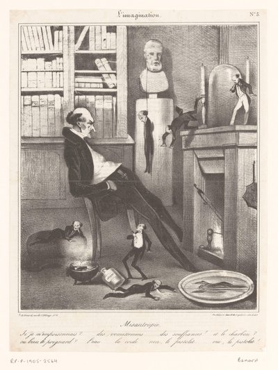 Karikatúra egy embergyűlölőről, aki azon töpreng, hogyan követ el öngyilkosságot alkotó: Honoré Daumier