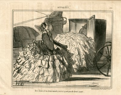 Le Charivari, Satiric in B & B, kb. 1855_5_11: Hírek n* 190. A demi-monde hölgyei, de nem szoknyák. - Divat, közlekedés, krinolinok - Honore Daumier (1808-1879) női illusztrációja alkotó: Honoré Daumier