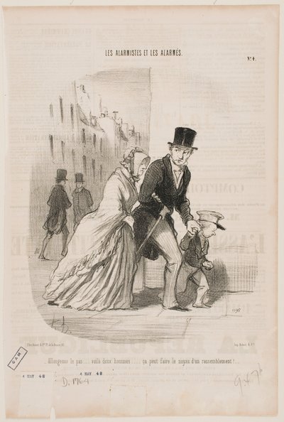 Gyorsan menjünk, ott hátul két férfi van… lehet, hogy ez egy új, jogellenes gyülekezés kezdete. alkotó: Honoré Daumier
