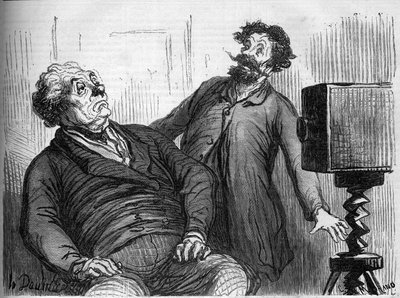 Fotósok és fényképek. Honore Daumier (1808-1879) rajzfilmje. Metszet a „” Le Monde Illustré”” 259. számban, 1862. március 29. alkotó: Honoré Daumier