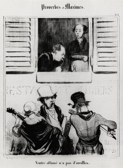 Közmondások és mondák: az éhes hasnak nincs füle. Illusztráció: Honore Daumier (1808-1879). Karikatúra 19. század, Musee Carnavalet, Párizs. alkotó: Honoré Daumier