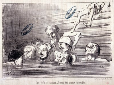 "Les Bains de Mer" sorozat: "Vízi vázlat. Úszóiskola, értelmes emberek medencéje." Honore DAUMIER (1808-1879) metszete. Kivonat a "Le Charivari" című újságból. alkotó: Honoré Daumier