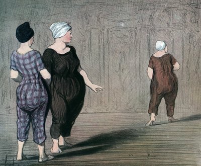A „Les batheuses” című sorozat két fürdőruhás nő egy másik szabását vizsgálja, Honore Daumier (1808-1879) karikatúrája 1844 (A fürdőzők: két úszóruhát viselő hölgy, fel-le néz a másik derekán) Magánszemély Gyűjtemény alkotó: Honoré Daumier