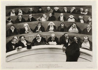 A törvényhozó hasa: A miniszteri padok képe az 1834-es rögtönzött kamarában (litográfia) alkotó: Honoré Daumier