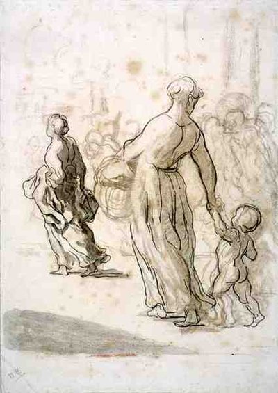 Két nő és egy gyermek, 1848-50 körül (kréta, szén és gouache, antik rézkarc papírra) alkotó: Honoré Daumier