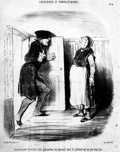 Vigyázzon, óvat nélkül, egy entesol, akinek a mennyezete kissé túl alacsony, a „Bérlők ET tulajdonosok” című filmből származik, a Daumier Honore (1808-1879) rajzfilm sorozata. "Macskazene" alkotó: Honoré Daumier