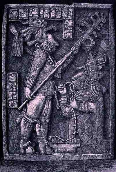 Faragott kő szemöldök a 23-as templomból, Yaxchilan, i.sz. 726, amelyen Shield Jaguar uralkodó és felesége, Lady Xoc látható, amint vérontó szertartást végeznek az Újvilág ősi városaiból, Claude-Jos alkotó: Honore after Chapuis