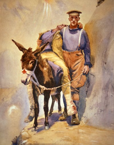 John Simpson Kirkpatrick, a 3. ausztráliai mentőautó munkatársa, aki szamarával sebesült katonákat mentett meg Gallipoliban 1915-ben alkotó: Horace Moore Jones