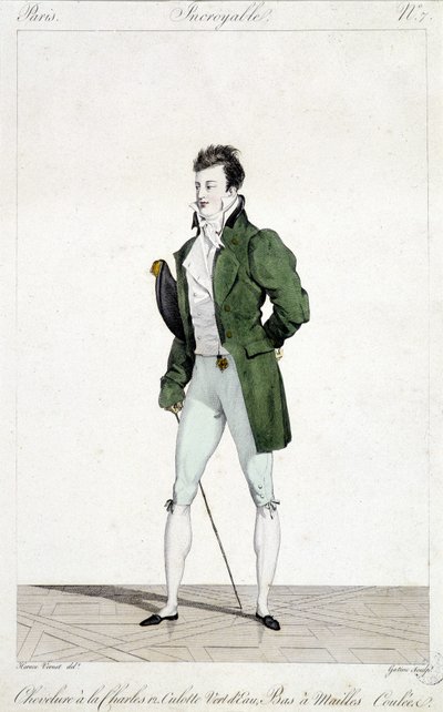 Csodálatos Párizs. Az embernek XII. Károly haja van, vízzöld bugyit és hálós harisnyát visel. Horace Vernet (1789-1863) 1810 körül készült férfidivat illusztrációja. alkotó: Emile Jean Horace Vernet