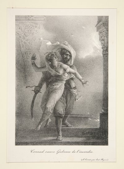 Conrad kimenti Gulnare-t a tűzből (Byron A kalóz című műve) alkotó: Horace Vernet