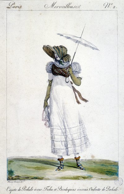 Horace Vernet (1789 - 1863) divatmetszete 1810 körül készült az „A Wonderful”-hoz, amely egy nőt ábrázol, aki ekrúd baldachint, véres, tartán hímzést és esernyőt visel. alkotó: Emile Jean Horace Vernet