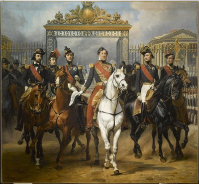 Lajos Fülöp király öt fiával körülvéve kilép a versailles-i kastély főkapuján az udvarokon tartott katonai szemle után, 1837. június 10-én. alkotó: Horace Vernet