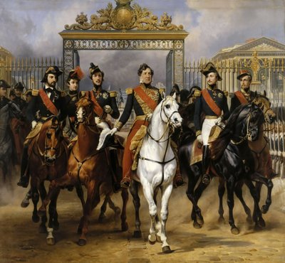 Louis Philippe és fiai ezen a helyen lovagolnak ki Versailles-ból, 1837. június 10. alkotó: Emile Jean Horace Vernet