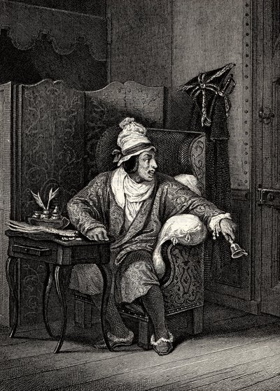 Jelenet A képzeletbeli rokkant című filmből, Moliere, Horace Vernet, metszet - Le Malade imaginaire, Jean-Baptiste Poquelin dit Moliere (1622-1673) alkotó: Emile Jean Horace Vernet