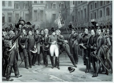 Bonaparte Napóleon (1769-1821) búcsúja a császári őrségtől a fontainebleau-i Cheval Blanc udvarában 1814.04.20. Emile Vernet metszete Horace Vernet (1789-1863) 1814 Párizs, B.N. alkotó: Emile Jean Horace Vernet