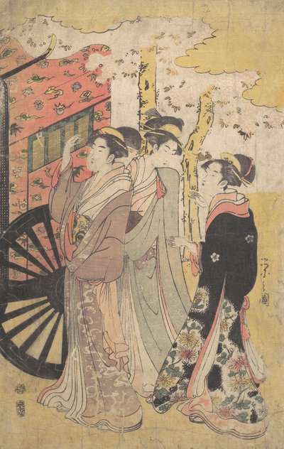 Hölgy udvari hintóban cseresznyevirágzást nézegetve, kb. 1796 Kansei 8. alkotó: Hosoda Eishi