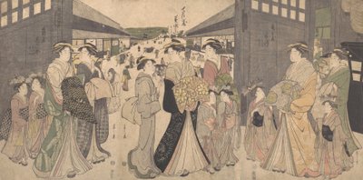Oiran és kísérői a Yoshiwara O Mon vagy Nagy Kapujában, kb. 1794. alkotó: Hosoda Eishi