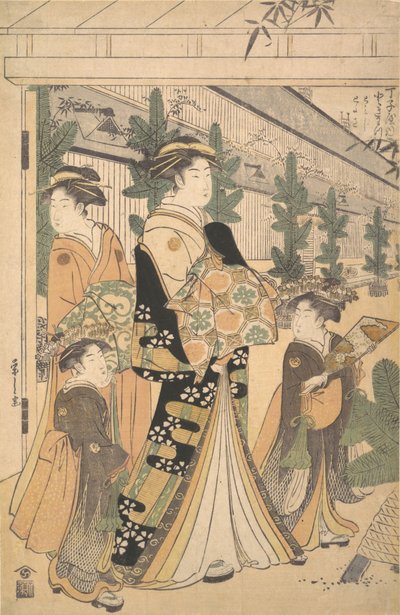 Két Oiran két női kísérővel a Yoshiwarában. alkotó: Hosoda Eishi