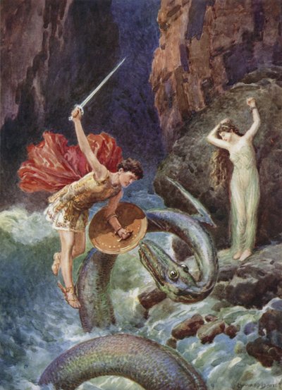 Perseus lezuhant a levegő magasságából. Abból, hogyan jutott Perszeusz Etióphoz (színes litó) alkotó: Howard Davie
